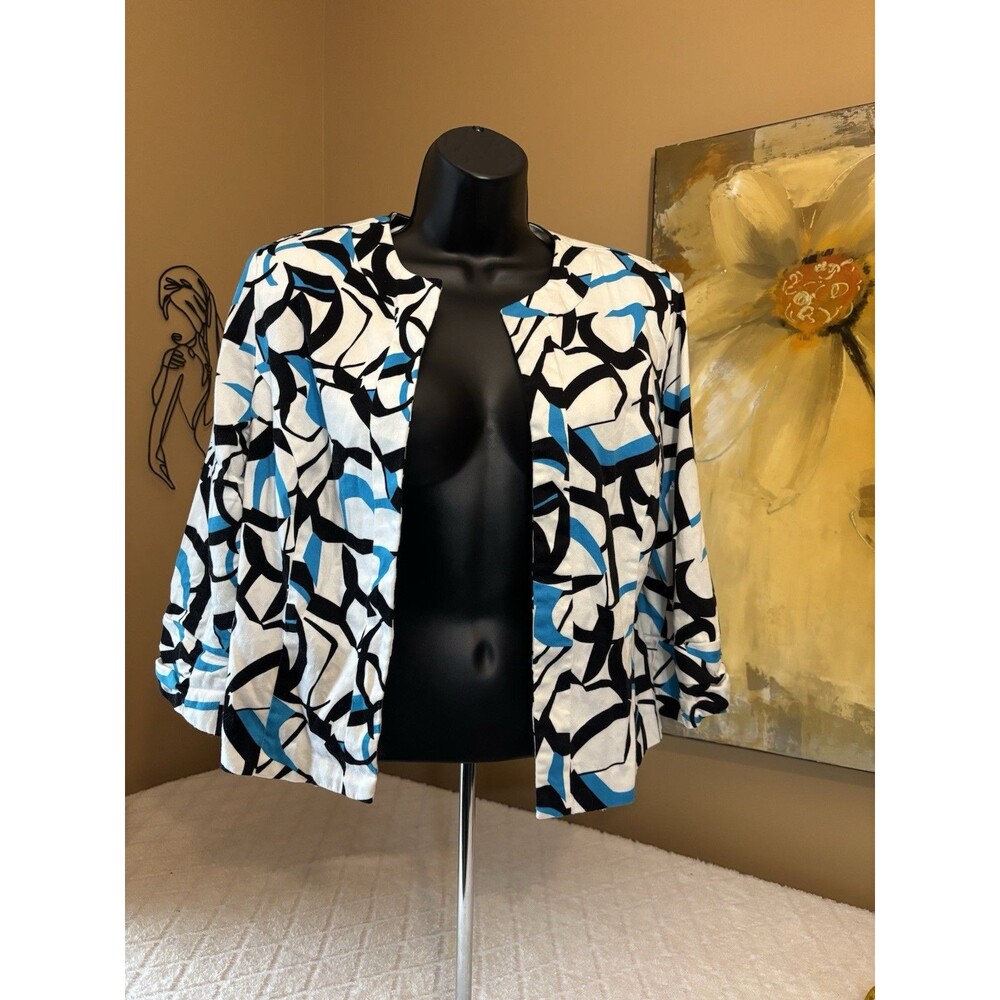 Dress Barn Blazer. Blue Black & White Design Shoulder Pads. Open Front. Lined. M - Picture 2 of 13